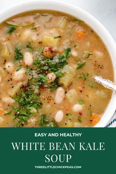 white bean kale soup in a bowl with text overlay