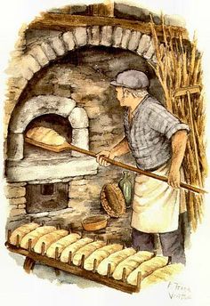 an old man baking bread in a brick oven