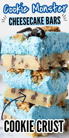 cookie monster cheesecake bars stacked on top of each other with text overlay reading cookie monster cheesecake bars