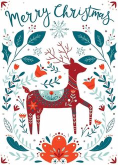 a christmas card with a deer surrounded by leaves and flowers