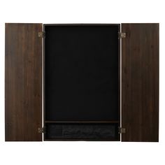 an open wooden cabinet with a black door on the front and bottom panel in dark wood