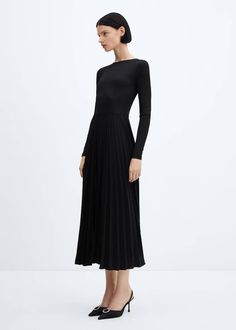 Pleated hem dress - Women | Mango USA Mid Length Pleated Dress, Black Plisse Midi Dress, Midi Plisse Dress, Mossman Dress, Ribbed Dress Outfit, Daytime Dress, Office Clothes, Flower Print Dress, Ribbed Knit Dress