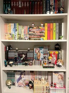 a book shelf filled with lots of books and anime figurines on top of it