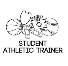 the student athletic trainer logo is shown with sports equipment and balls on top of it