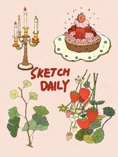 a drawing of some food on a plate with candles and flowers in the background that says sketch daily