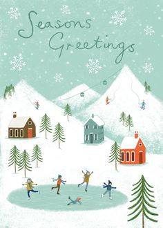 a christmas card with people skating in the snow and houses on the hill behind them