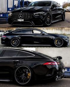 three different views of a black car with chrome wheels and rims, one showing the rear end