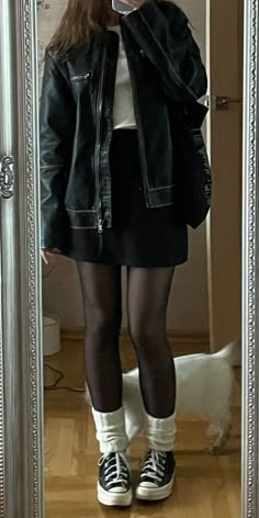 Leather Jacket Black Skirt Outfit, Black Skirt Black Jacket Outfit, Thrifted Leather Jacket Outfit, Denim Jacket Outfit Ideas Women, Black Leather Jacket With Skirt, Leather Jacket With A Dress, Mini Skirt Jacket Outfit, Black Corset Outfit Concert, Winter Black Leather Jacket Outfit