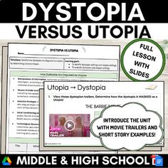 two posters with words and pictures on them that say dystopia versus utopia