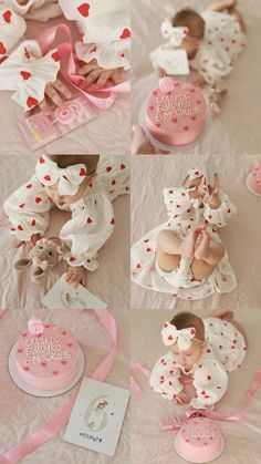 several baby dolls are laying on a bed with pink and white decorations, including teddy bears