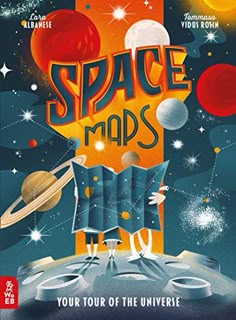 an advertisement for space maps, with planets and stars in the sky on top of a book