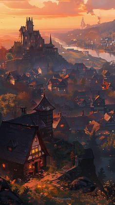 a painting of an old town at sunset