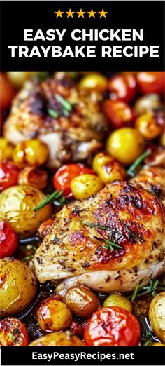 the recipe for easy chicken tray bake is shown in front of tomatoes and potatoes