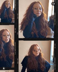 a woman with long red hair is shown in four different pictures