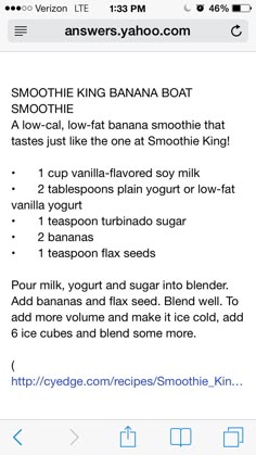 an iphone screen showing the recipe for smoothie king banana boat, which is in english