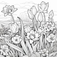 a black and white drawing of flowers in the grass