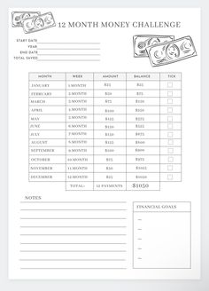 the 12 month money challenge worksheet is shown in black and white, with two stacks