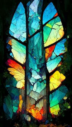 a stained glass window in the shape of a tree with leaves on it's sides