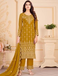 Mustard Georgette Palazzo Suit With Floral Cording Online FABANZA Ramadan Outfits, Eid Collection 2022, Eid Clothes, Celana Fashion, Party Wear Salwar Kameez, Straight Suit, Party Wear Salwar, Latest Salwar Kameez, Suit Salwar