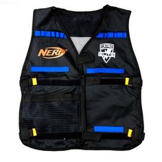 a black vest with blue and yellow patches on it