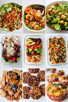 many different pictures of food including salads and muffins