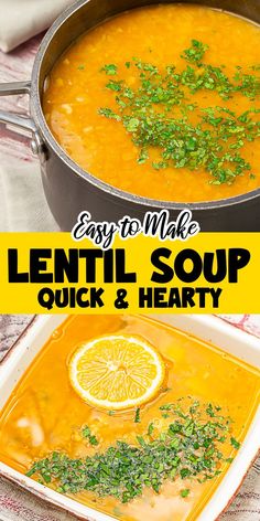 lentil soup with lemon and herbs in a pan