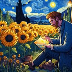 a painting of a man sitting in front of a field of sunflowers reading a map