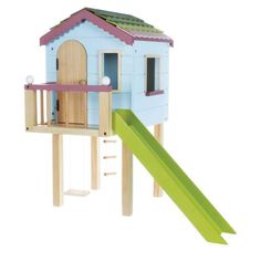 a doll house with a swing set and slide