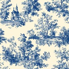 a blue and white wallpaper with trees