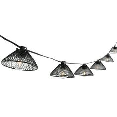 five lights hanging from a wire on a white background