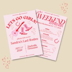 two pink flyers with the words let's go girls weekend written in red on them