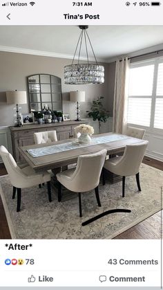 a dining room table with chairs and a chandelier