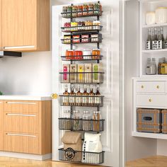 an organized pantry is shown in this kitchen