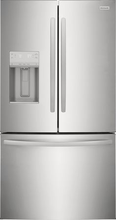 a stainless steel refrigerator freezer with the door open and water dispenser