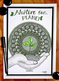 a coloring book with an image of a plant in the center and text that reads nurture our planet