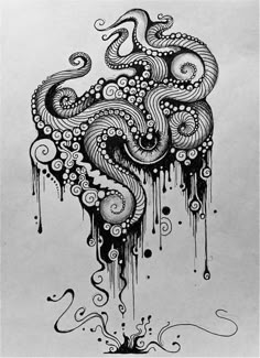 an ink drawing of a snake with swirls and bubbles on it's body