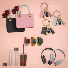 the contents of a woman's purse are arranged on a pink background