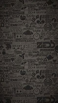 a black and white wallpaper with many different types of logos on it's surface