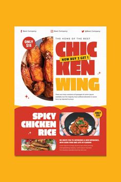 an advertisement for chicken wings is shown in red and yellow colors, with the words spicy chicken