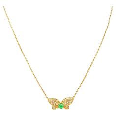 Van Cleef & Arpels Green Emerald & Diamonds Butterfly Necklace One cabochon Green Emerald est. 0.50 ct and round brilliant-cut D-F VVS1-VVS2 diamonds weighing an estimated 0.50 carats. 18K Yellow Gold chain has an adjustable length from 15 to 17.5 inches. Made in France circa 1970s. Measurements: 0.78" (20mm) width, 17.5" (44.4cm) length. Mint Condition Van Cleef Arpels Green, Van Cleef Arpels Diamond, Van Cleef Necklace, Diamond Butterfly Necklace, Van Cleef & Arpels, Diamond Butterfly, Van Cleef And Arpels, Necklace Green, Yellow Gold Chain