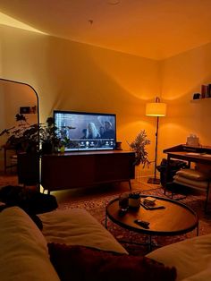 a living room filled with furniture and a flat screen tv on top of a wooden table