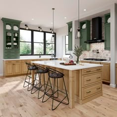 a large kitchen with green cabinets and white counter tops, along with bar stools