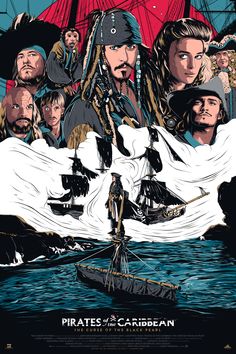 pirates of the caribbean movie poster with captain jack sparrow and his crew in front of a ship