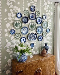 a bunch of plates are hanging on the wall next to a dresser with a potted plant in it