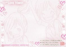 a pink card with two anime characters and hearts in the background that says love tomo