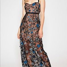 Beautiful Maxi Dress Embellished With 3-D Floral Embroidery & Sequined Tulle And Trimmed With Luxe Velvet. Underwire Cups Removable Straps No-Slip Band Around The Top Bodice Hidden Back Zip Closure Lined Measurements For Size Small Bust: 27 In Waist: 22.5 In Length (From Top Of The Bodice): 52 In 80% Polyester, 20% Nylon Lining:97% Polyester, 3% Spandex No Alterations Made To The Dress. Worn Twice To Weddings. Summer Gowns, Strappy Maxi Dress, Beautiful Maxi Dresses, Lemon Dress, Love And Lemons, For Love And Lemons, Small Bust, For Love, Floral Embroidery