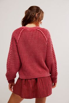 Fall for cozy-chic vibes with the Free People Frankie Cable Sweater in Cherry. This sweater isn't just another knit - it's a burst of cherry red charm that injects instant color and effortless style into your wardrobe. The Free People Frankie Cable... Free People Aesthetic, Red Charm, Chic Vibes, Perfect Denim, Fisherman Sweater, Cable Stitch, Thick Sweaters, Cable Sweater