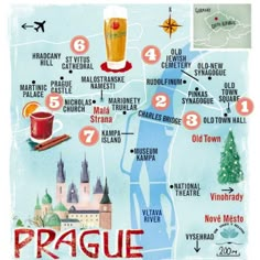 a map of prague with all the attractions and things to do in it, including beer