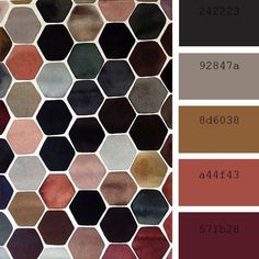 the color palette is different shades of brown, black, red and white hexagonal tiles