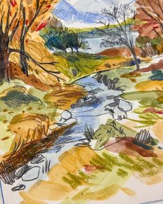 a drawing of a river with trees in the background